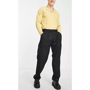 TOPMAN Men's Wide Leg Cargo Pants 34x32 Black Wool Blend High Rise Pockets NWT